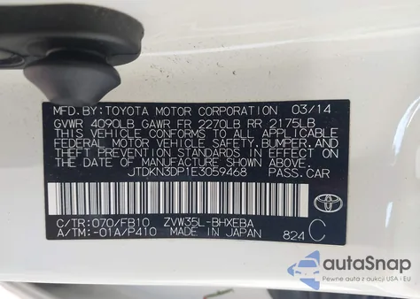 2014 Toyota Prius Plug-In из США, поврежденный, VIN JTDKN3DP1E3059468